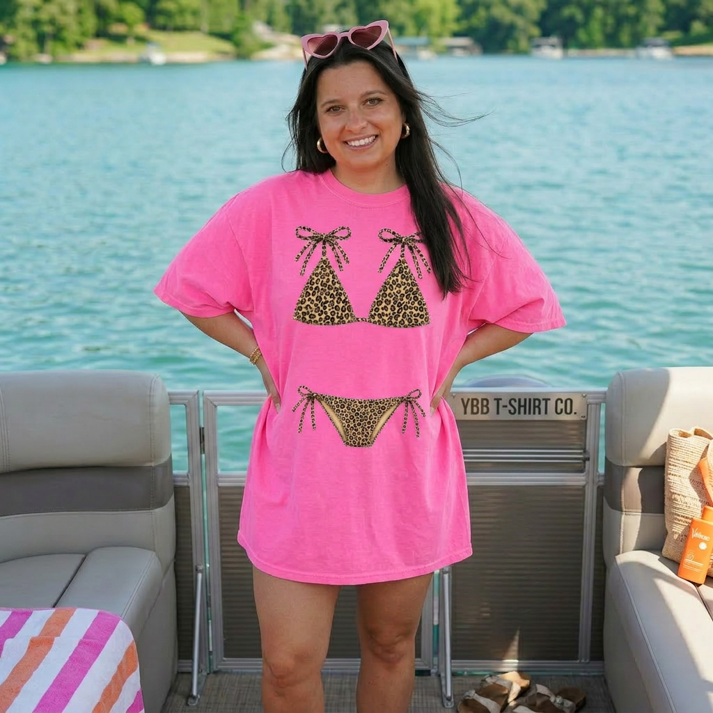 LEOPARD BIKINI TEE- NEON PINK - SHORT SLEEVE WOMANS TEE